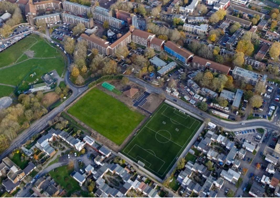 Aerial view of the sports base with its two pitches